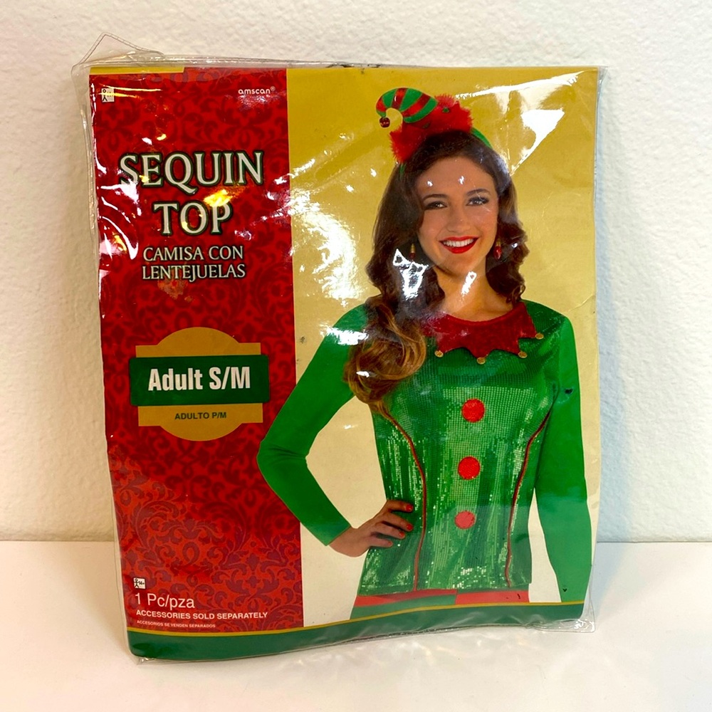 Sequin Elf Costume Shiny Top Women's Small Medium Long Sleeve